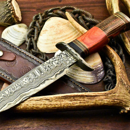 12.5" Damascus Steel Bowie Knife – Walnut Wood Handle & Leather Sheath