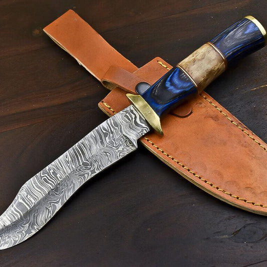 12.5" Damascus Steel Bowie Knife with Hardwood Handle – Handmade Outdoor Hunting Blade