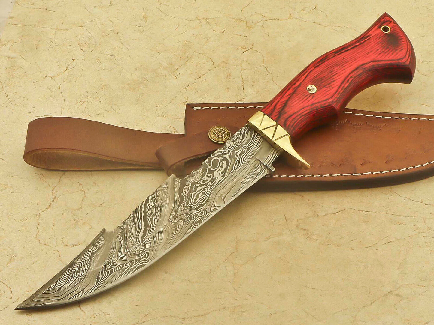 12.5" Damascus Steel Knife Damascus Bowie Knife With Rosewood & Pakka Wood Handle