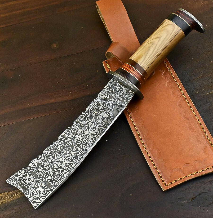 12.5" Foldable Damascus Bowie Knife with Olive Wood Handle Tactical Series