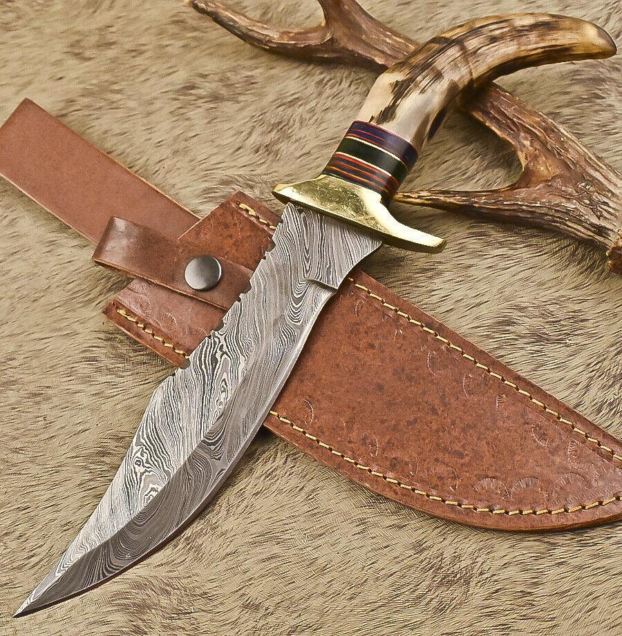 12.5" Hand Forged Bowie Damascus Steel Knife with Ram's Horn Handle & Leather Sheath