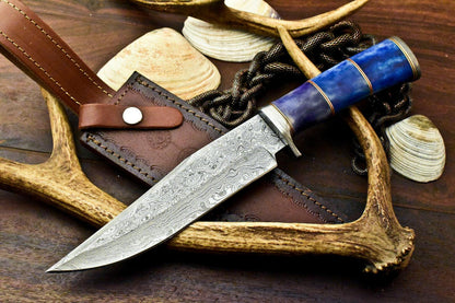 12.5" Hand Forged Damascus Bowie Knife Damascus Steel Knife With Camel Bone Handle & Sheath