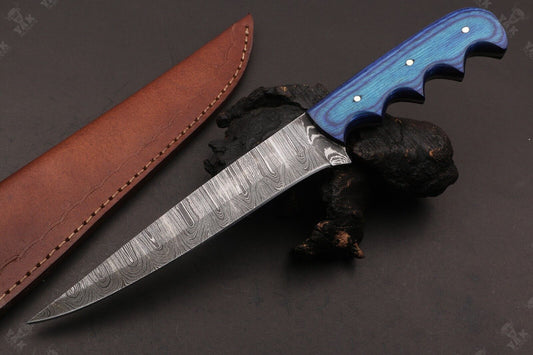 12.5" Hand Forged Damascus Fillet Knife Damascus Steel Fillet Knife With Leather Sheath