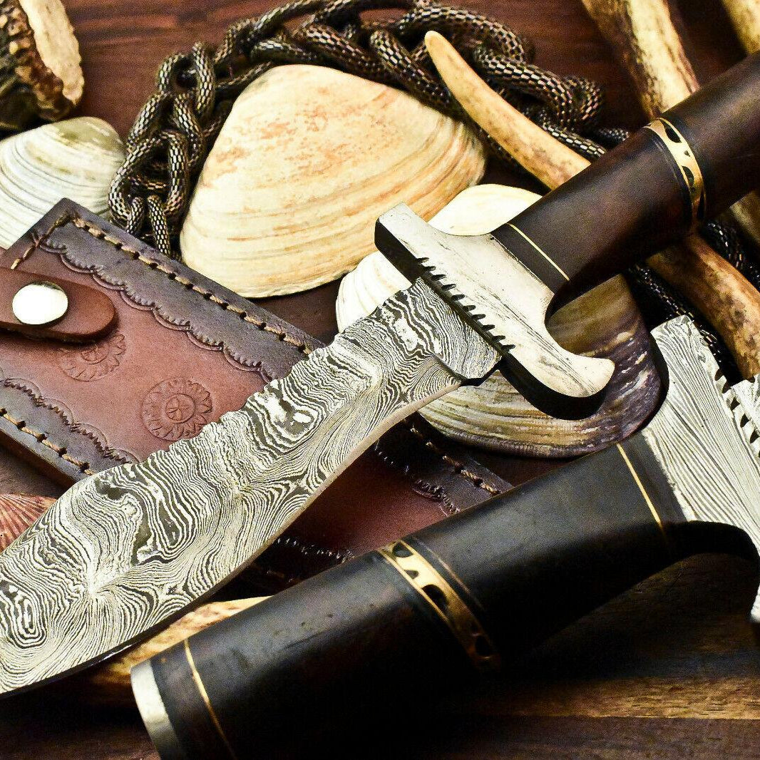 12.5" Hand Forged Damascus Steel Knife Damascus Bowie Knife With Walnut Wood Handle & Sheath