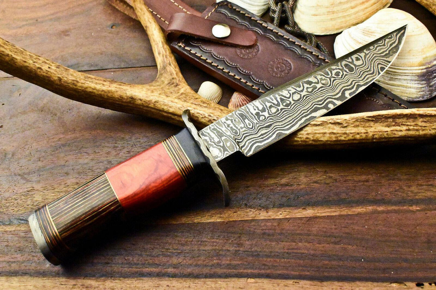 12.5" Hand Forged Damascus Steel Knife Damascus Steel Bowie Knife With Walnut Wood Handle & Sheath