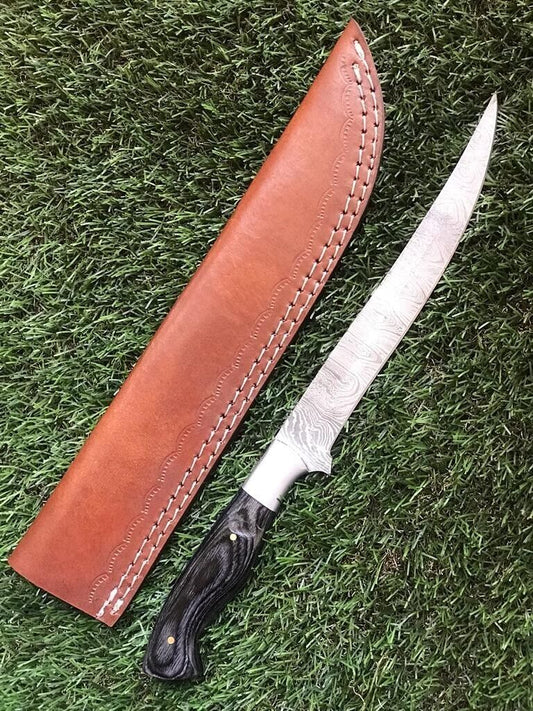 12.5" Hand Forged Twist Damascus Steel Fillet Knife Best Fillet Knife With Leather Sheath