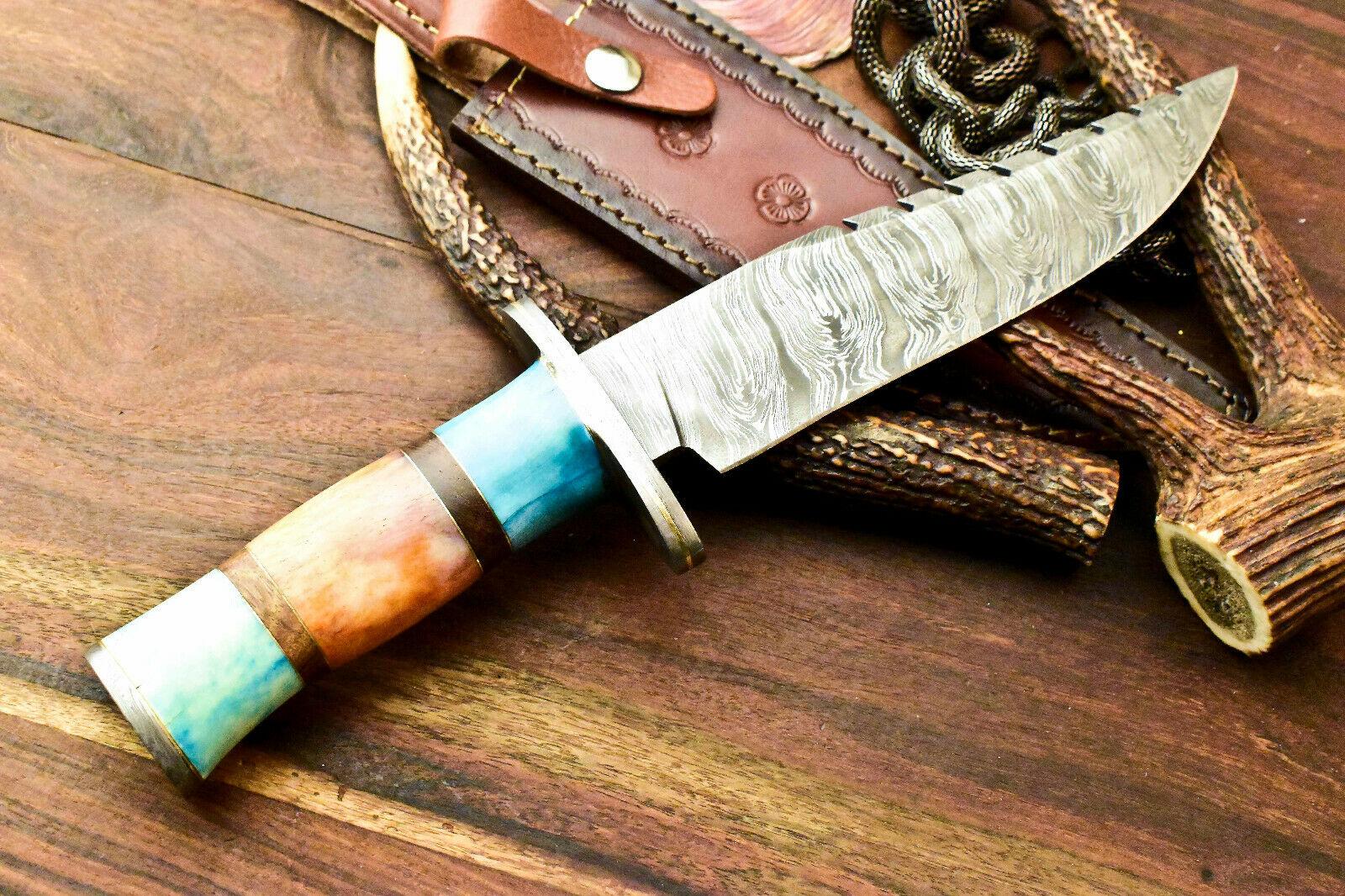 12.5" Handmade Best Bowie Knife Damascus Steel Knife with Camel Bone Handle & Sheath