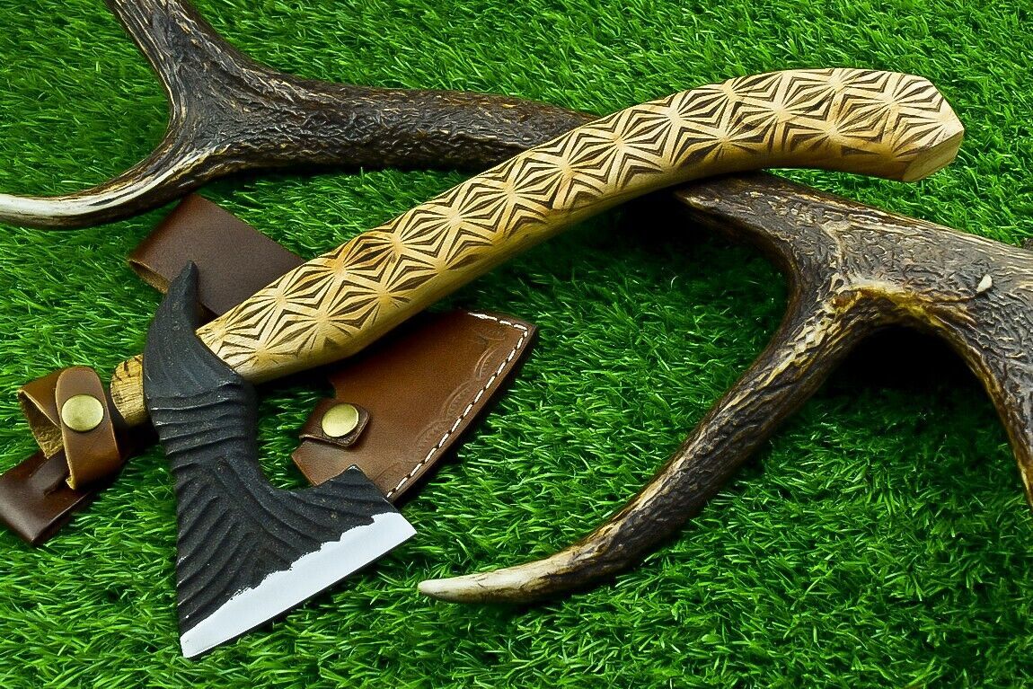 12.5” Handmade Carbon Steel Axe Viking Tomahawk Axe with Olive Wood Handle & Sheath