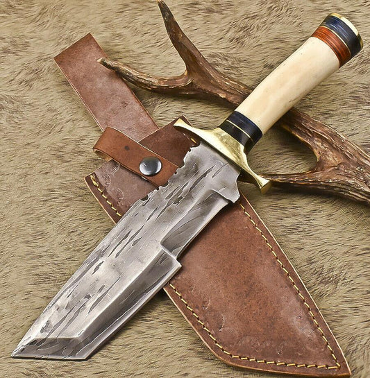12.5" Handmade Custom Bowie Knife Damascus Steel Knife with Camel Bone Handle & Sheath