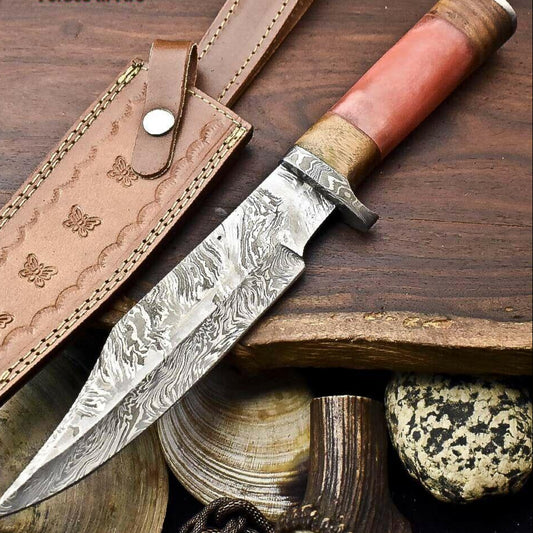  12.5" Handmade Damascus Bowie Knife – Camel Bone Handle & 384-Layer Blade