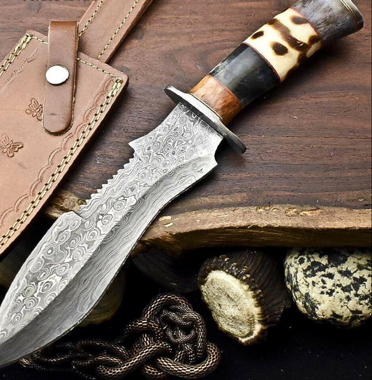 12.5" Handmade Damascus Bowie Knife – Camel Bone Handle & Leather Sheath