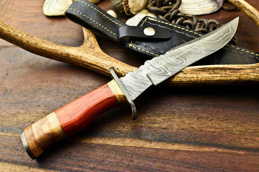 12.5" Handmade Damascus Bowie Knife Damascus Steel Knife With Hardwood Handle & Sheath