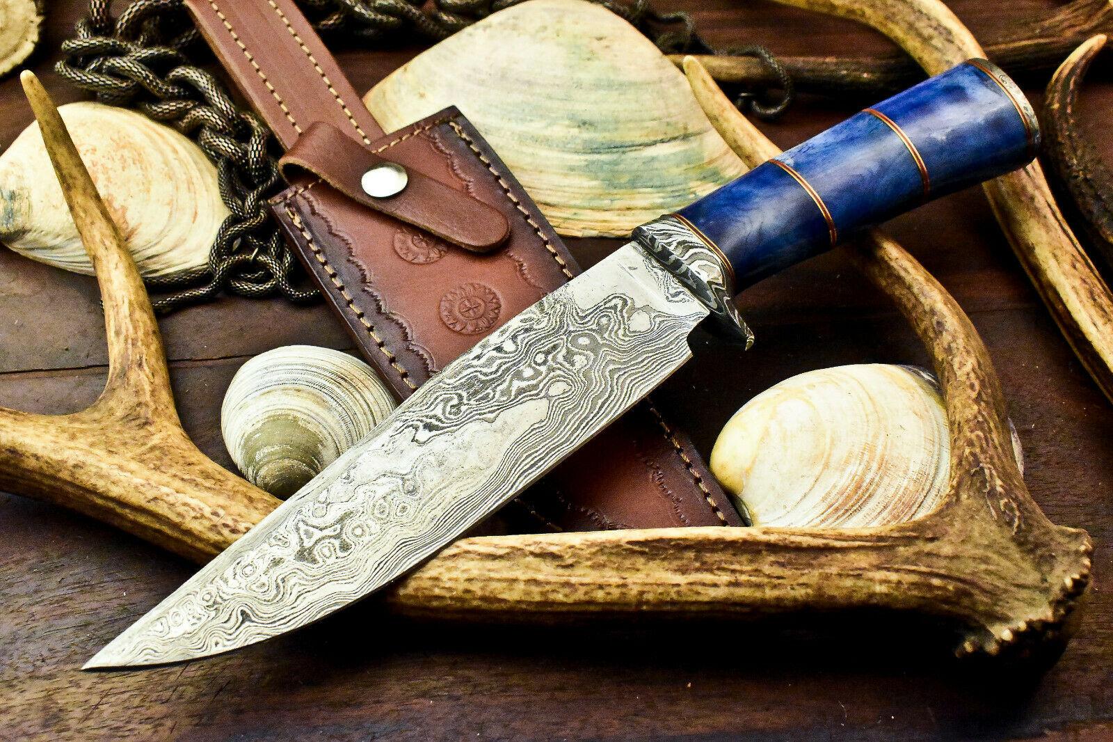 12.5" Handmade Damascus Bowie Knife Damascus Steel Knife with Camel Bone Handle & Sheath