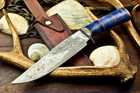 12.5" Handmade Damascus Bowie Knife Damascus Steel Knife with Camel Bone Handle & Sheath