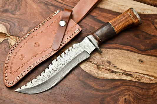 12.5" Handmade Damascus Bowie Knife Full Tang Bowie Knife Wood Handle with Leather Sheath