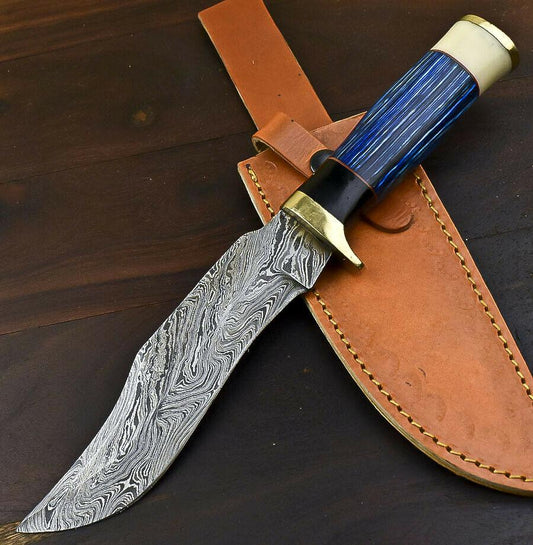 12.5" Handmade Damascus Bowie Knife | Hardwood Handle