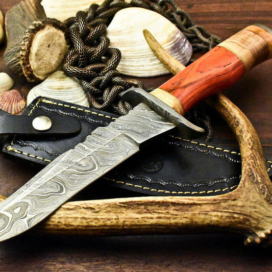 12.5" Handmade Damascus Bowie Knife – Hardwood Handle & Leather Sheath