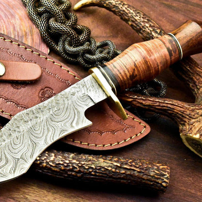 12.5" Handmade Damascus Bowie Knife | Stacked Leather Handle