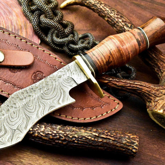 12.5" Handmade Damascus Bowie Knife | Stacked Leather Handle