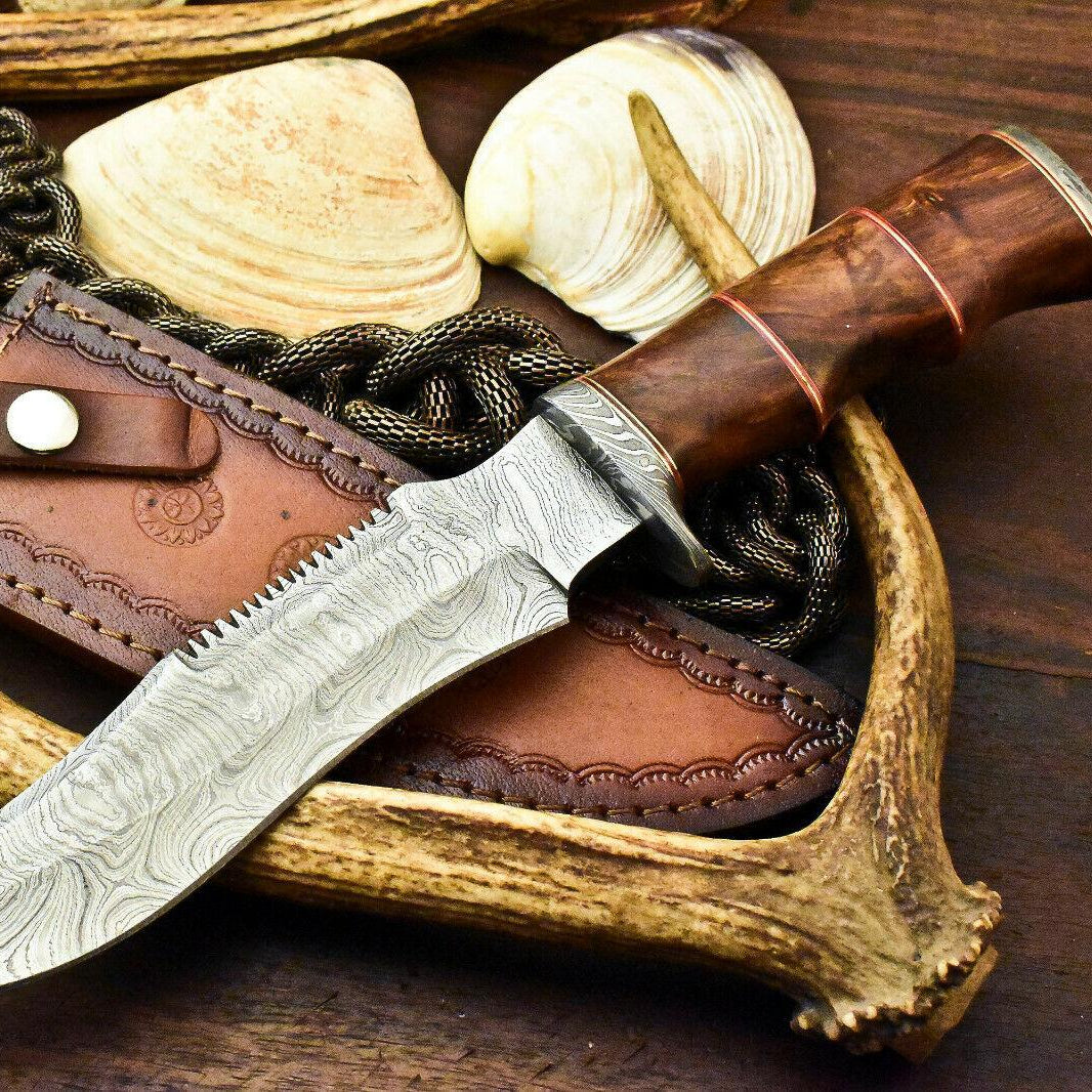 12.5" Handmade Damascus Bowie Knife – Walnut Wood Handle & Custom Leather Sheath