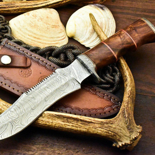 12.5" Handmade Damascus Bowie Knife – Walnut Wood Handle & Custom Leather Sheath