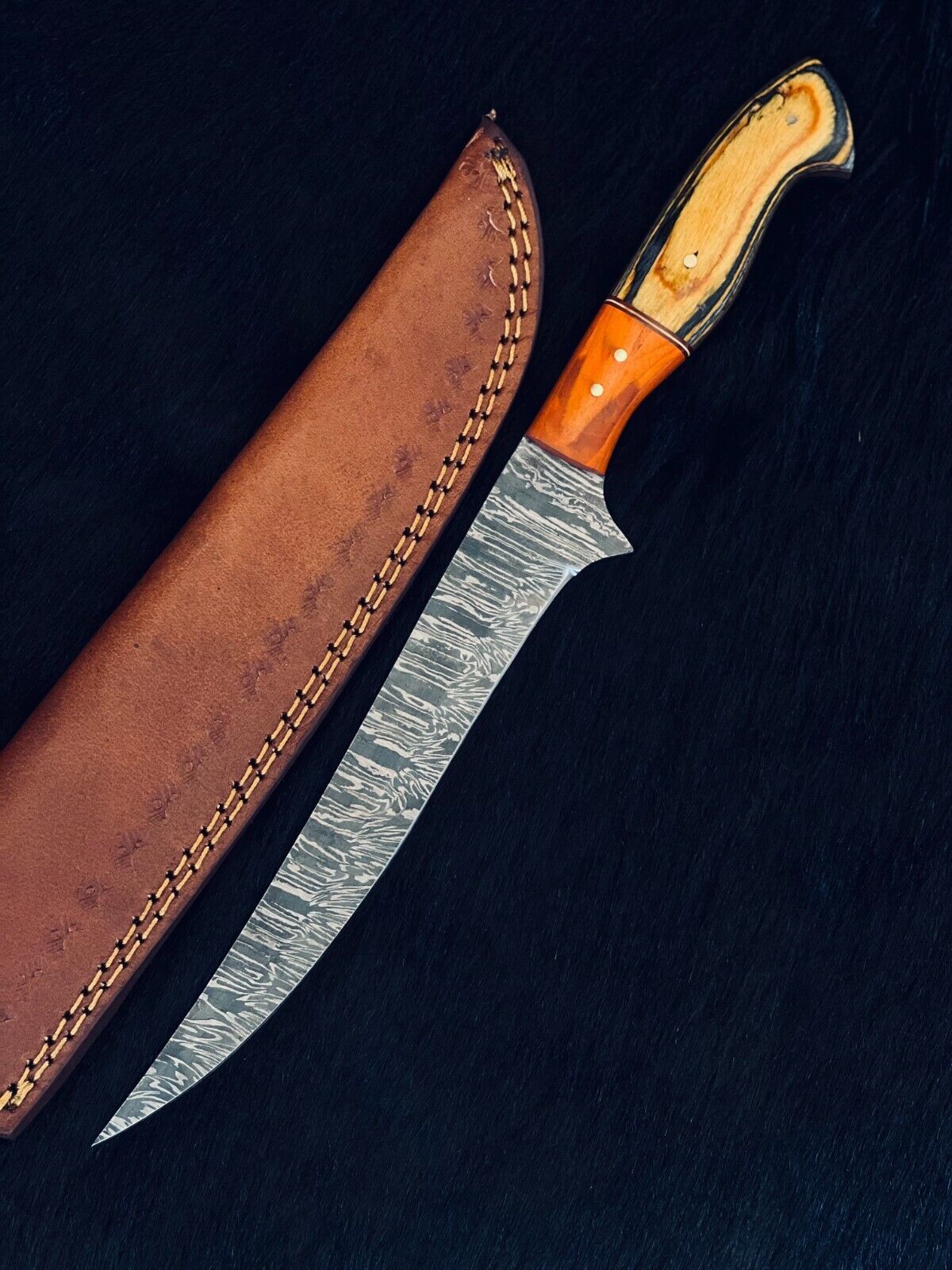 12.5" Handmade Damascus Fillet Knife Fire Damascus Steel Fillet Knife W/Sheath