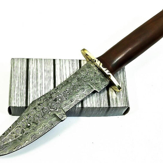 12.5" Handmade Damascus Steel Bowie Hunting Knife – Hardwood Handle, Brass Guard & Sheath