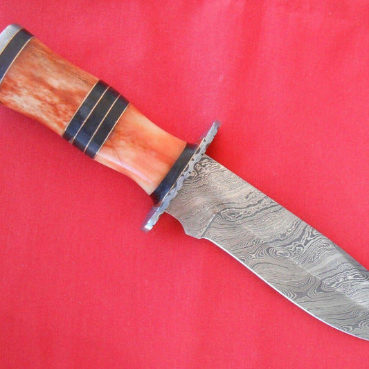 12.5" Handmade Damascus Steel Bowie Knife – Bone Handle with Leather Sheath