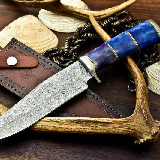 12.5" Handmade Damascus Steel Bowie Knife – Camel Bone Handle with Leather Sheath