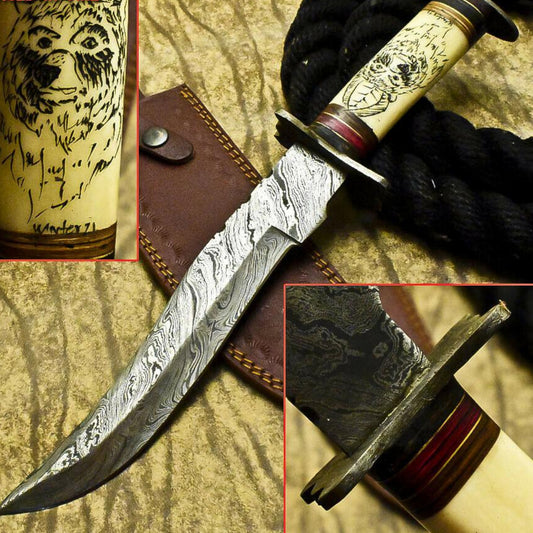 12.5" Handmade Damascus Steel Bowie Knife | Scrimshaw Camel Bone Handle