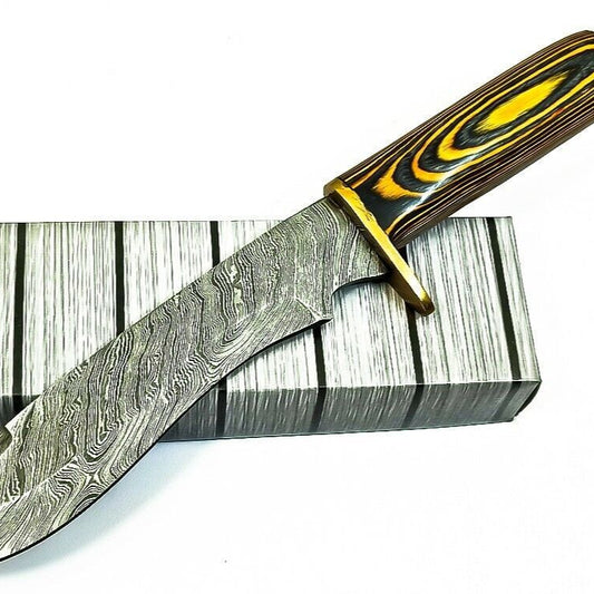 12.5" Handmade Damascus Steel Bowie Knife – Walnut Wood Handle & Brass Guard with Sheath