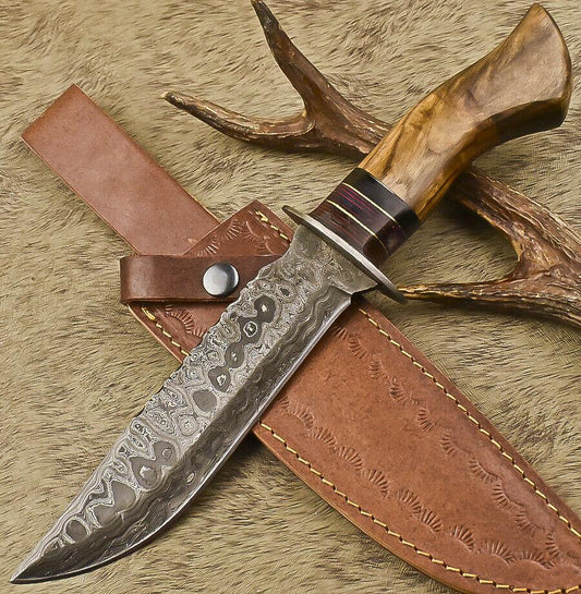 12.5" Handmade Damascus Steel Bowie Knife with Olive Wood Handle & Leather Sheath