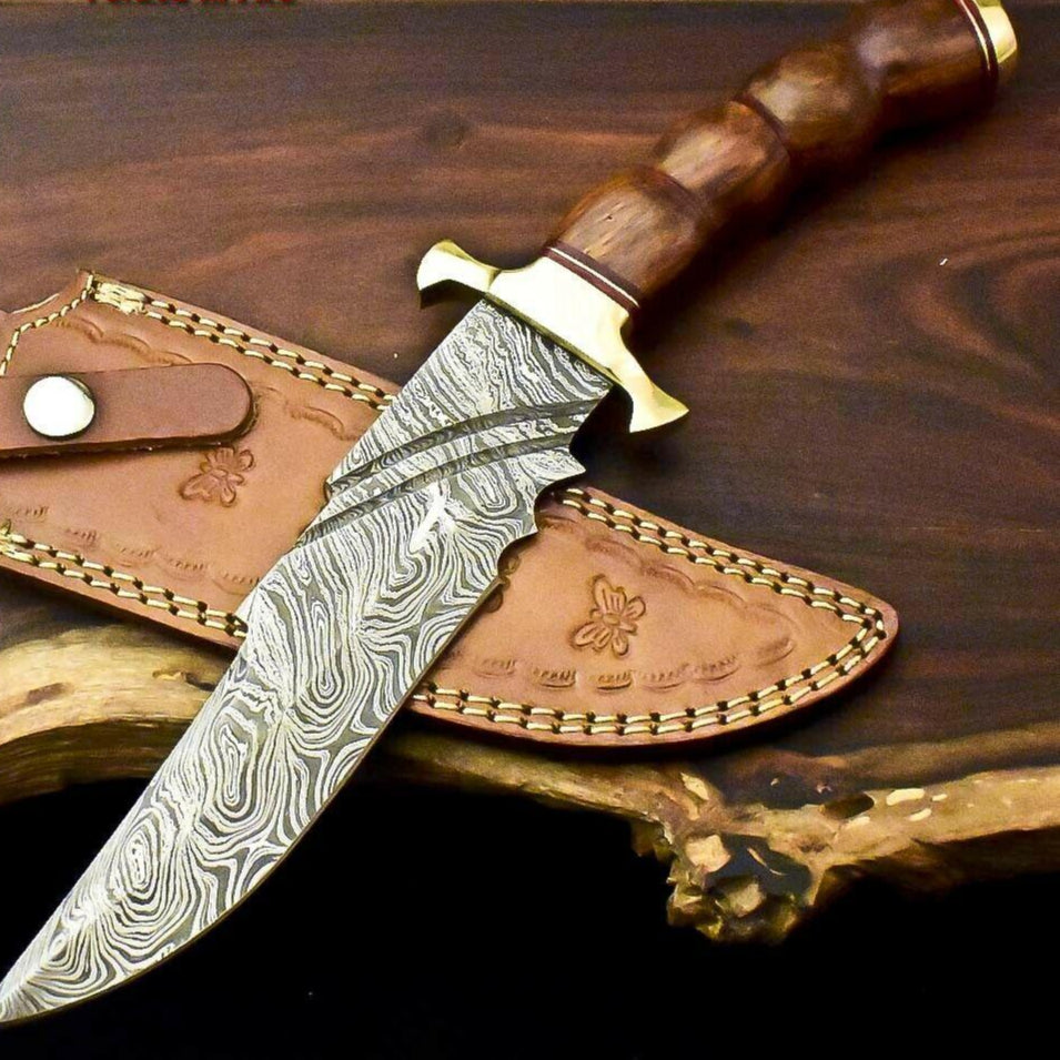 12.5" Handmade Damascus Steel Bowie Knife with Walnut Wood Handle