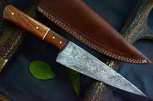 12.5" Handmade Damascus Steel Chef Knife – Custom Kitchen Knife with 7.3" Blade, Walnut Handle & Leather Sheath