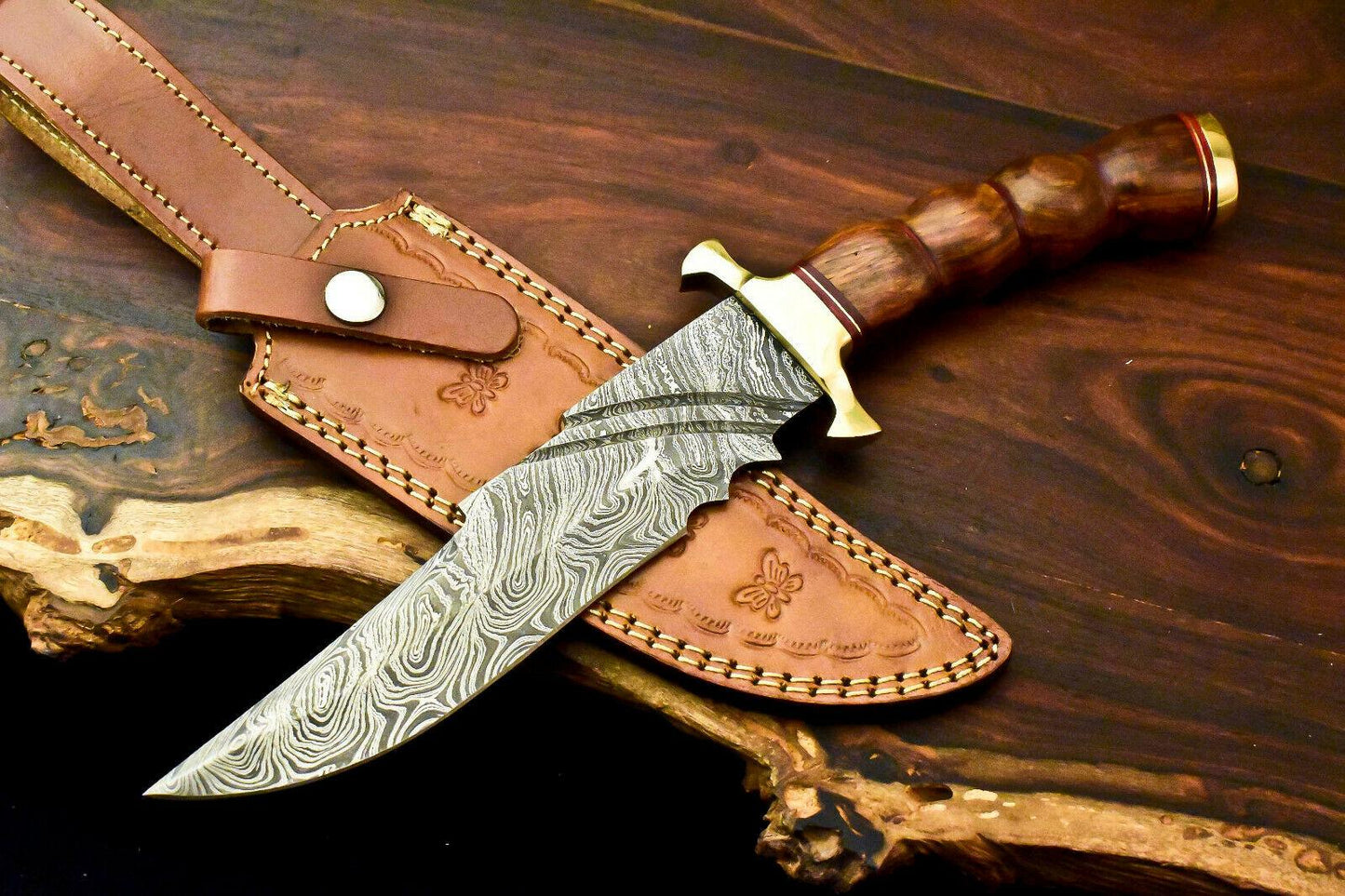 12.5" Handmade Damascus Steel Knife Bowie Knife for Sale with Walnut Wood Handle