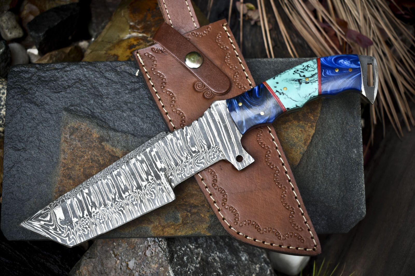 12.5" Handmade Damascus Tracker Knife – Twist Pattern Blade, Micarta Handle, Hunting & Bushcraft