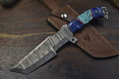 12.5" Handmade Damascus Tracker Knife – Twist Pattern, Corian Handle, Outdoor Bushcraft Survival