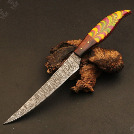 12.5" Handmade Fire Damascus Steel Fillet Knife – Resin & Wood Handle