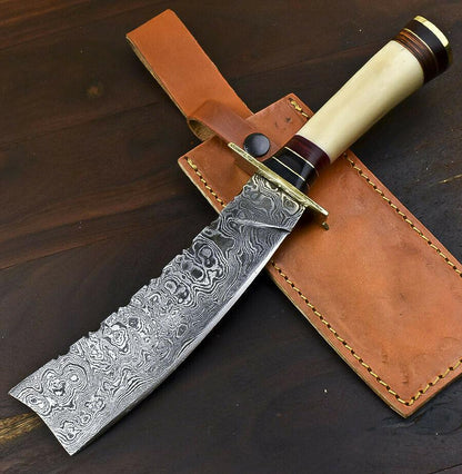 12.5" Handmade Traditional Bowie Knife Damascus Steel Knife With Camel Bone Handle 
