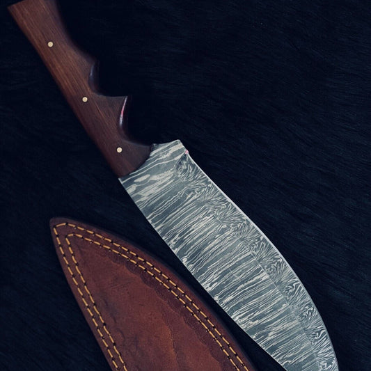 12.5 Inch Custom Handmade Twist Damascus Steel Bowie Knife with Wood Handle