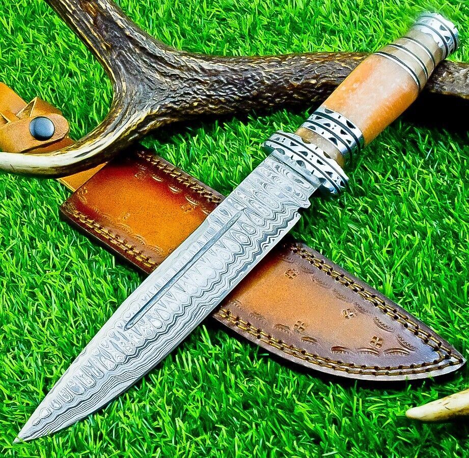 12.5 Inch Damascus Steel Bowie Knife with Resin Handle and Engraved Steel Bolster