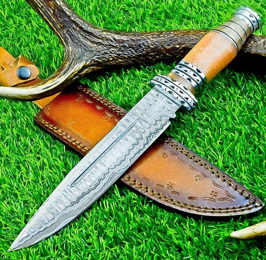 12.5 Inch Damascus Steel Bowie Knife with Resin Handle and Engraved Steel Bolster