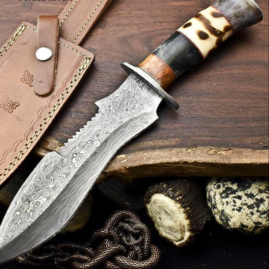 12.5 Inch Handmade Damascus Bowie Knife with Camel Bone Handle