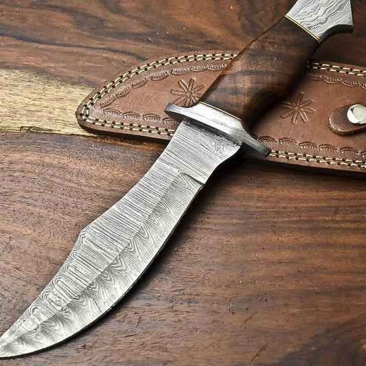 12.5 Inch Handmade Damascus Hunting Bowie Knife with Walnut Wood Handle