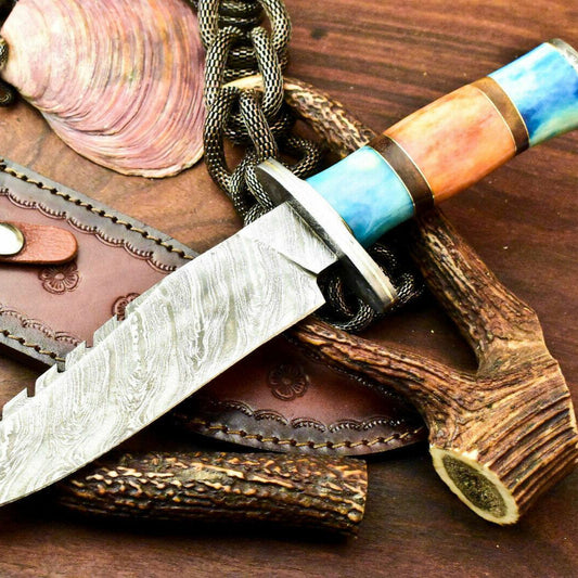 12.5" Rare Handmade Damascus Bowie Hunting Knife | Camel Bone Handle