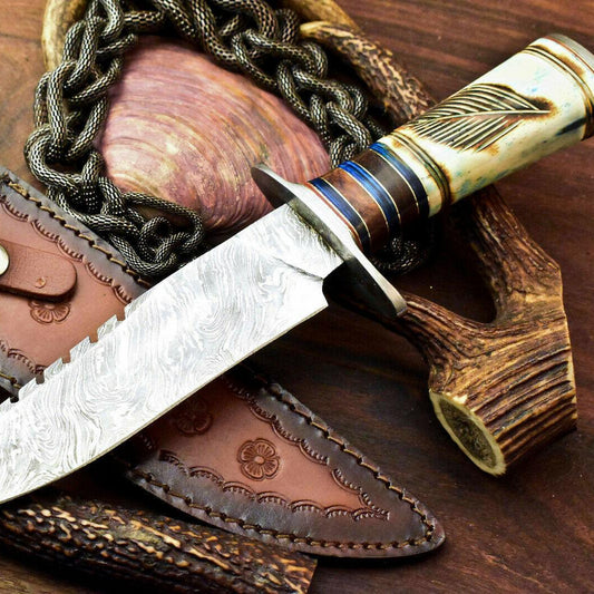 12.5" Rare Handmade Damascus Bowie Hunting Knife | Farms Camel Bone Handle