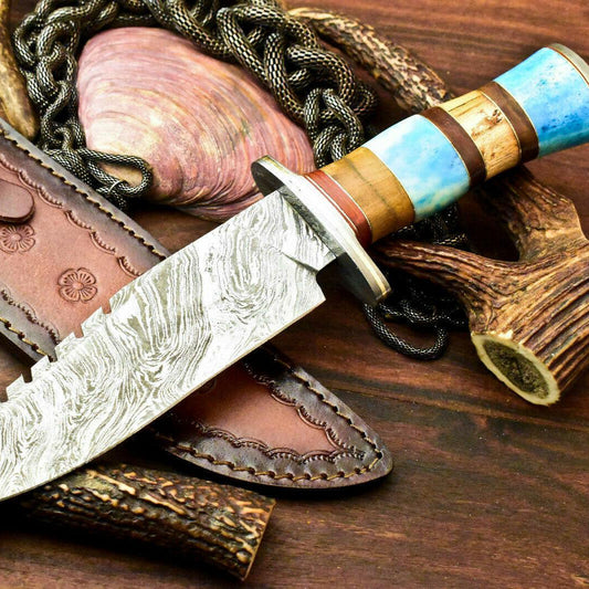 12.5" Rare Handmade Damascus Bowie Hunting Knife with Farms Camel Bone Handle