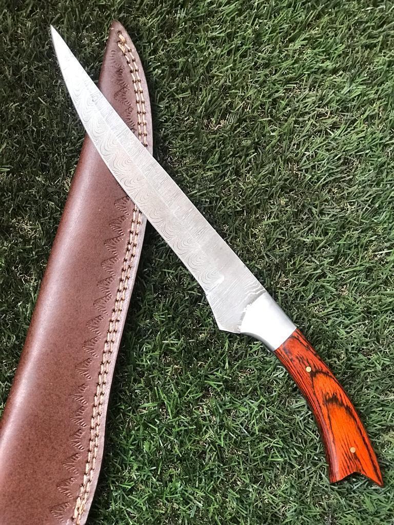 12.5" Twist Damascus Fillet Knife Damascus Steel Knife & Fillet Knife with Leather Sheath