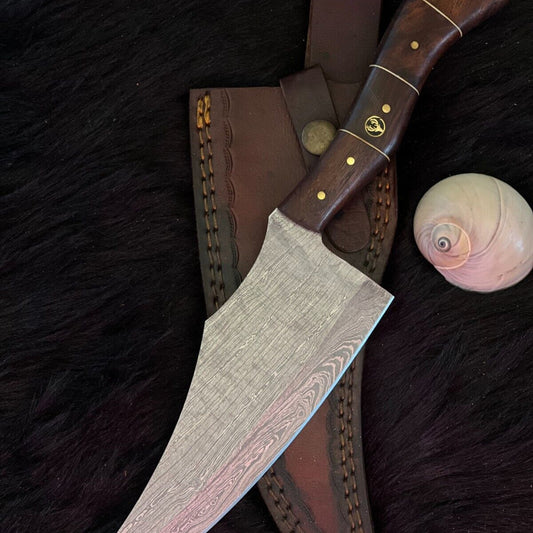 12.5" Twist Damascus Steel Bowie Knife – Handmade with Wood & Brass Handle