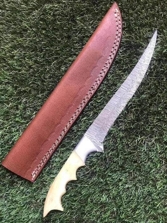 12.5" Twist Pattern Damascus Steel Brisket & Fillet Knife Hand Forged with Leather Sheath